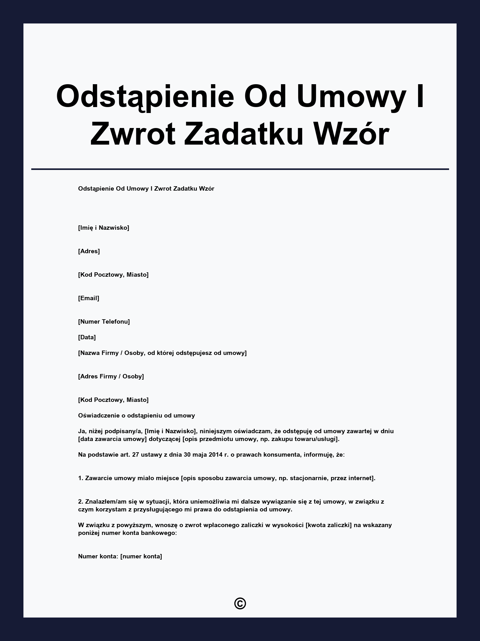 Odstąpienie Od Umowy I Zwrot Zadatku Wzór