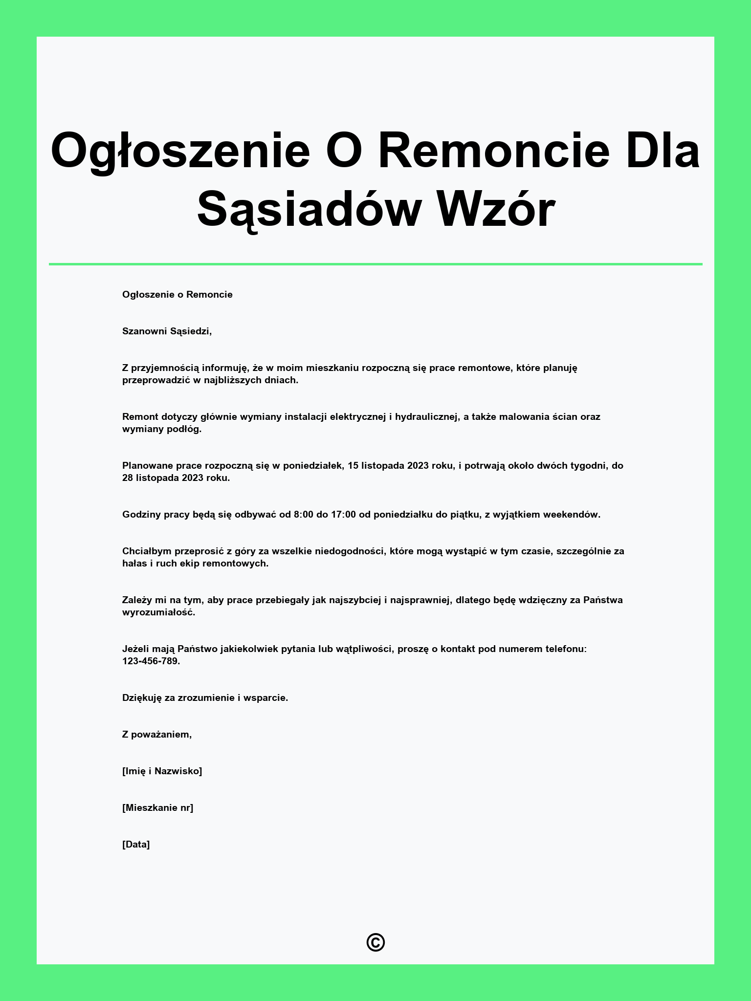 Ogłoszenie O Remoncie Dla Sąsiadów Wzór
