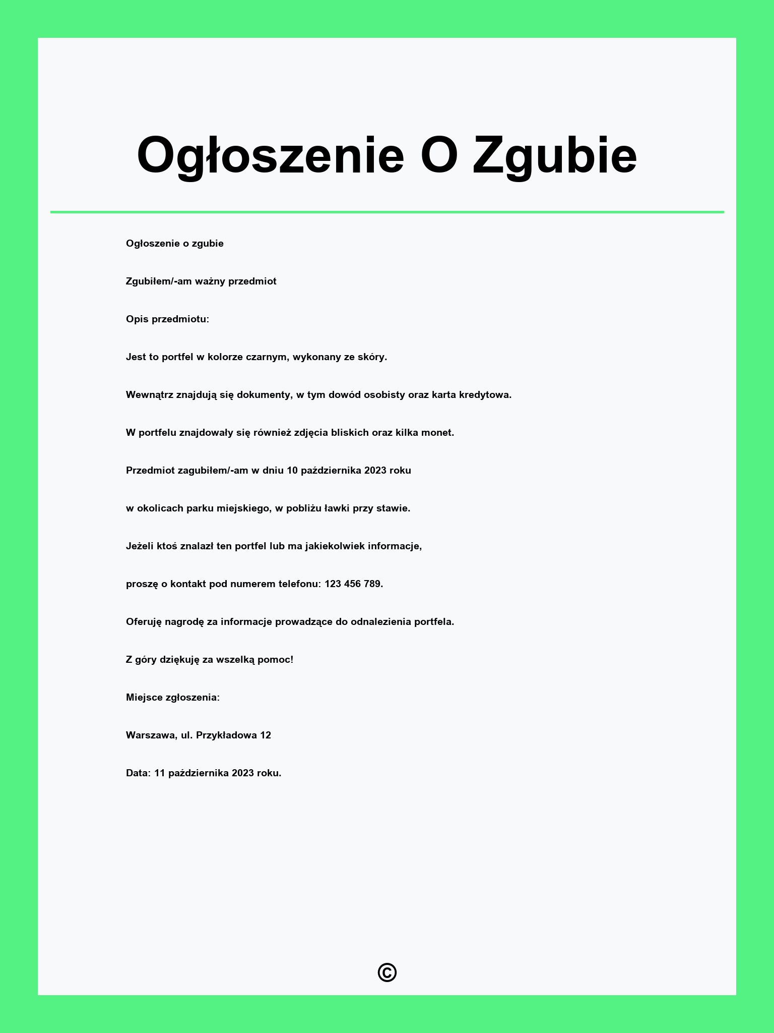 Ogłoszenie O Zgubie