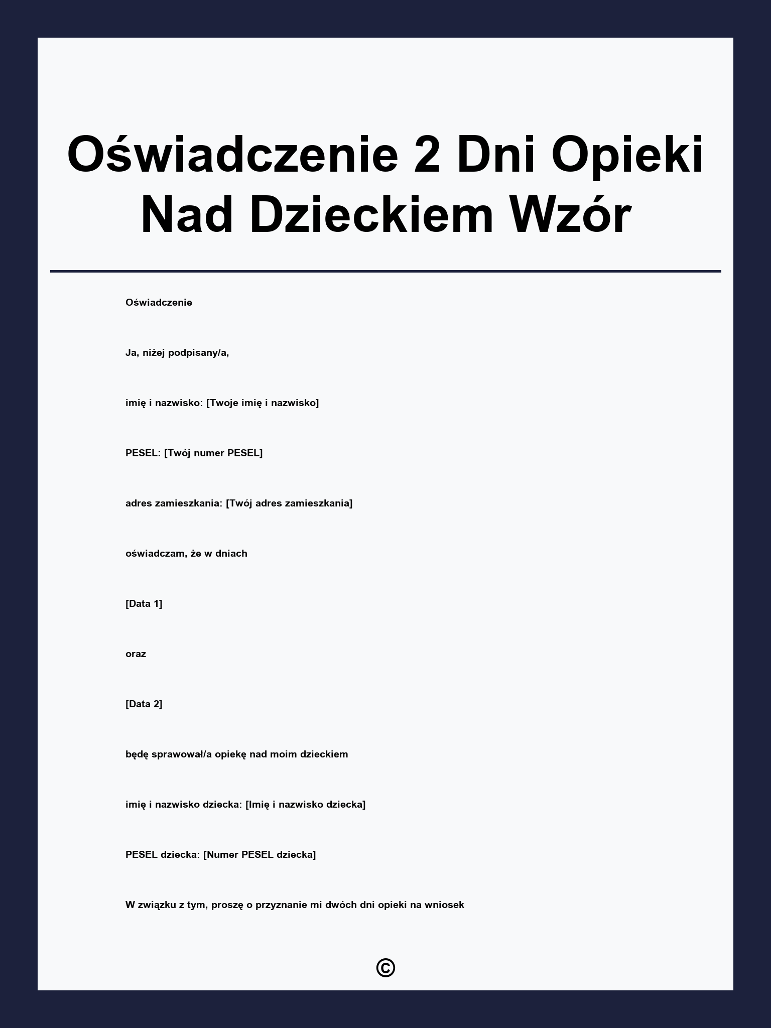 Oświadczenie 2 Dni Opieki Nad Dzieckiem Wzór