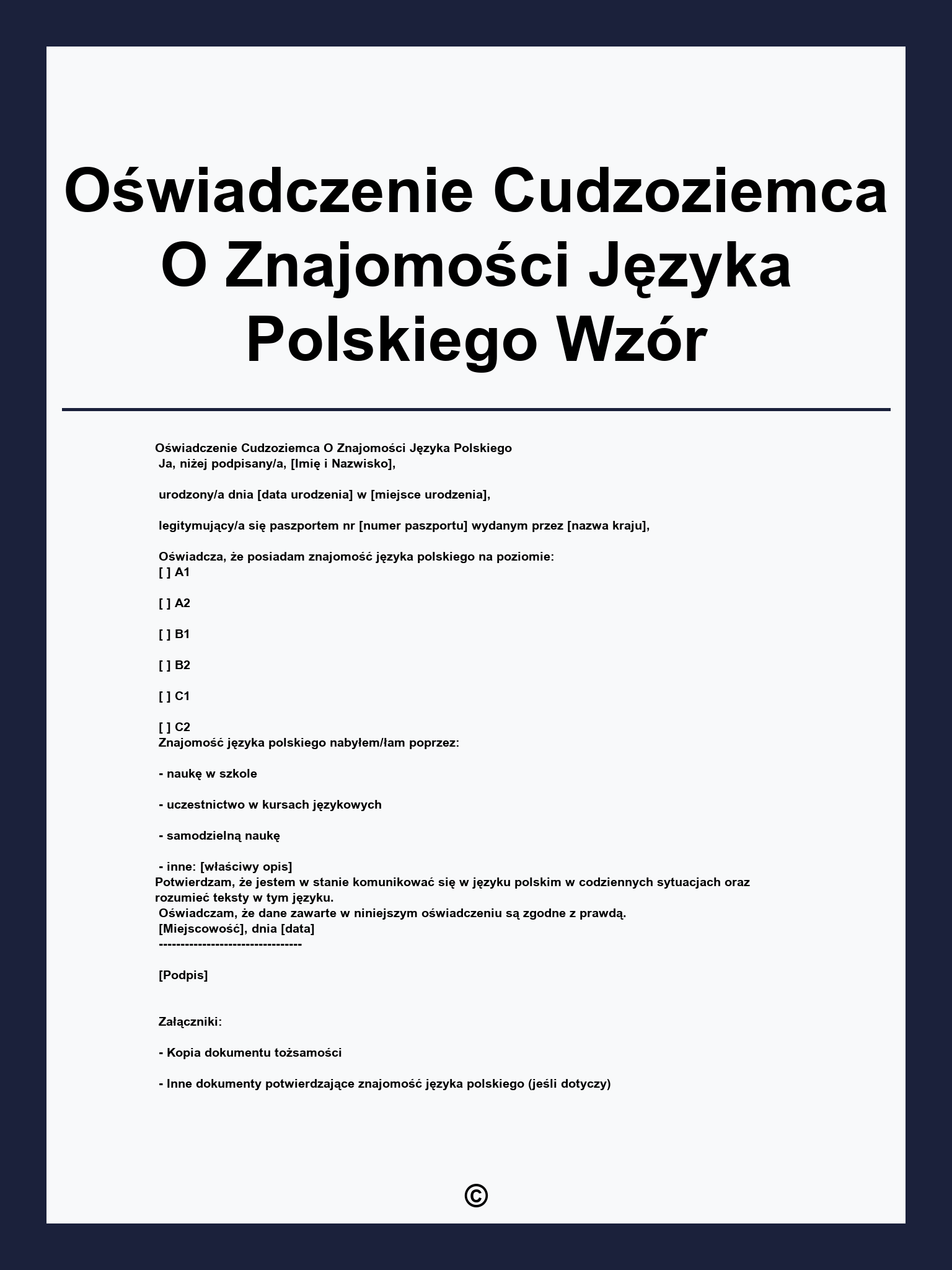 Oświadczenie Cudzoziemca O Znajomości Języka Polskiego Wzór
