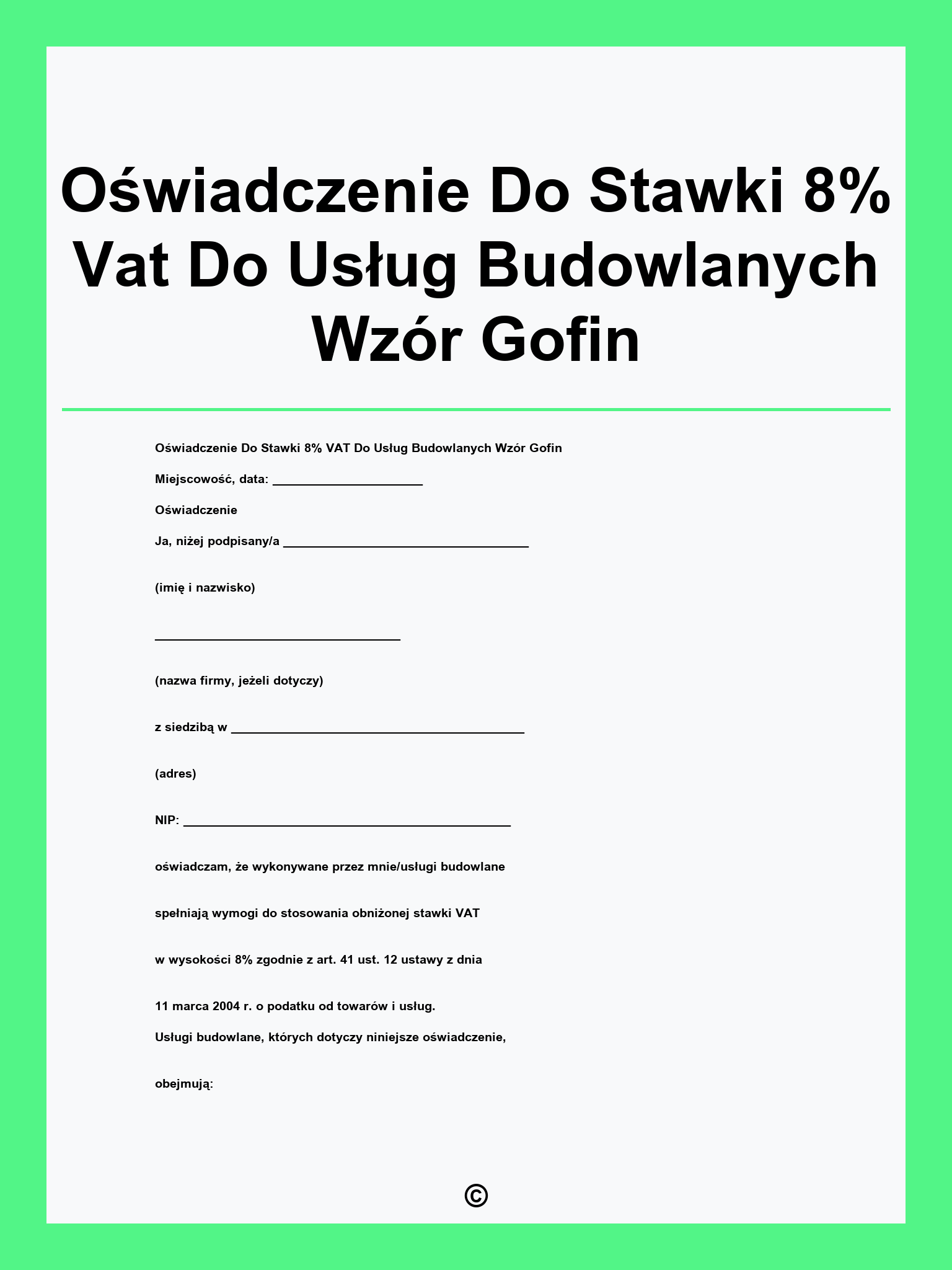 Oświadczenie Do Stawki 8% Vat Do Usług Budowlanych Wzór Gofin