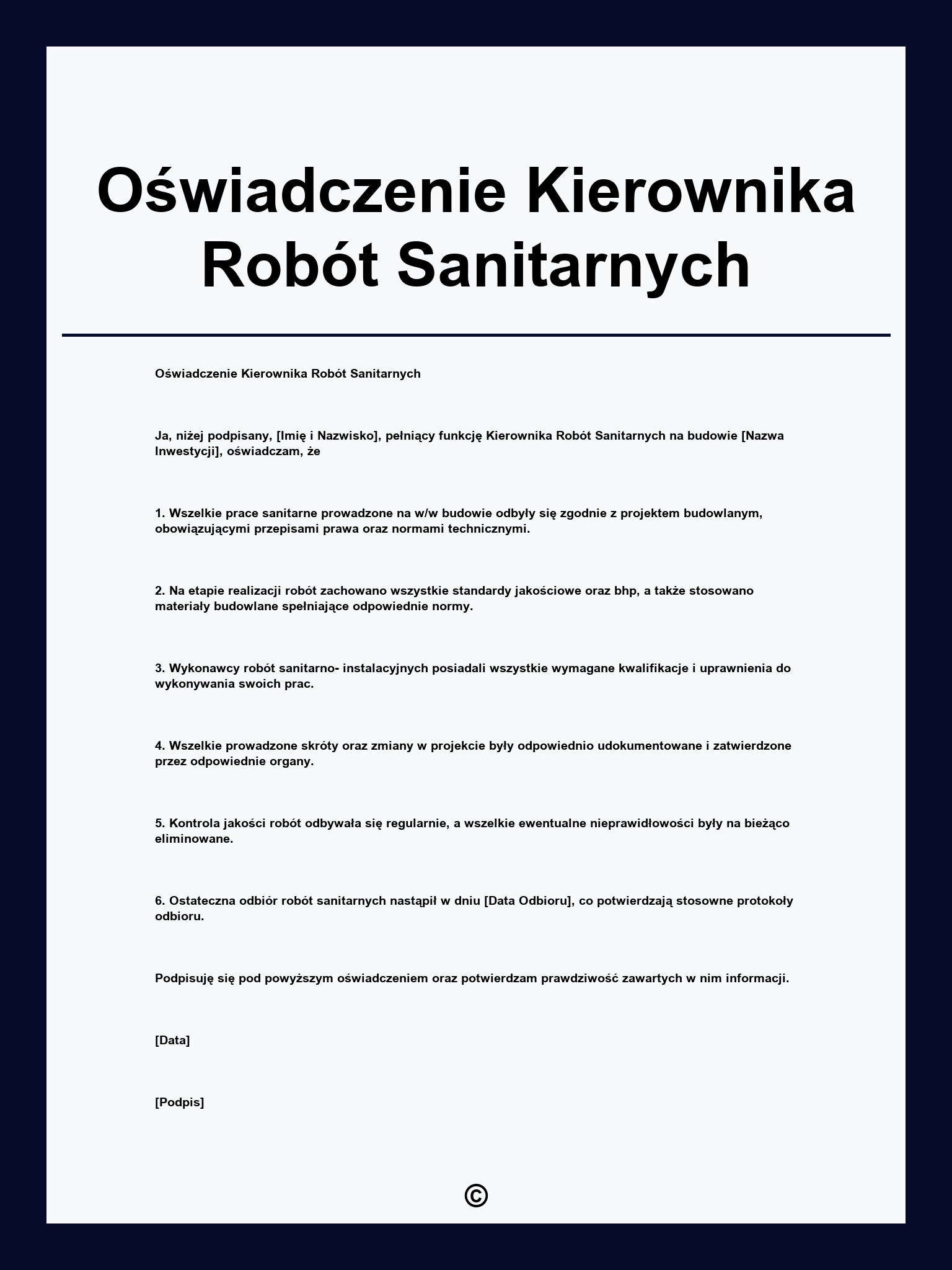 Oświadczenie Kierownika Robót Sanitarnych