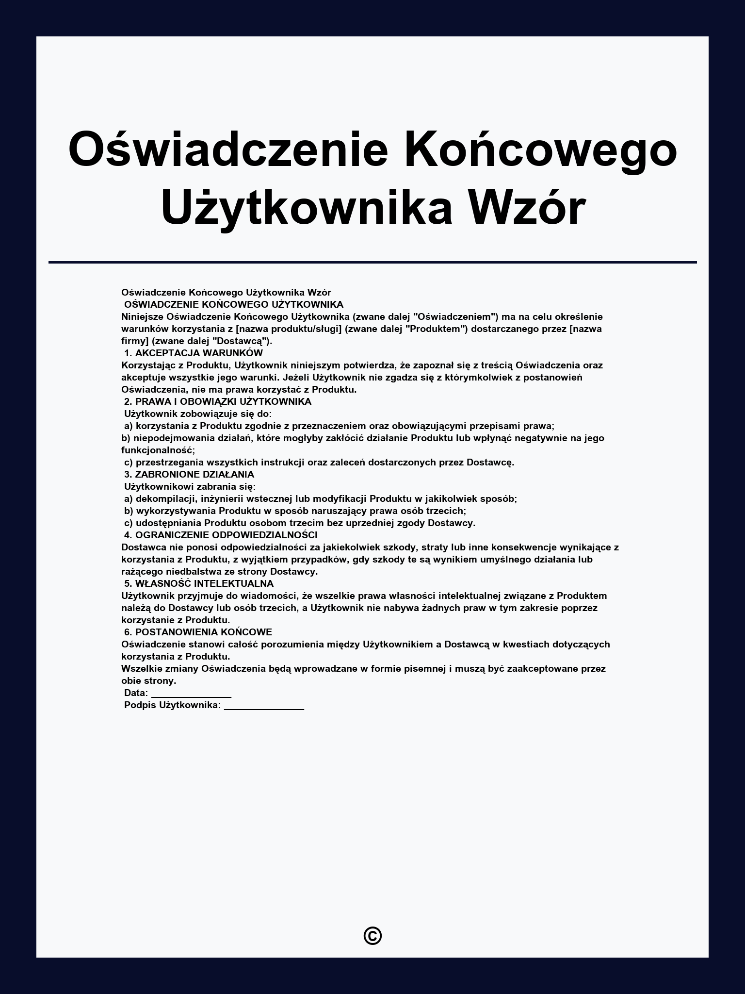 Oświadczenie Końcowego Użytkownika Wzór
