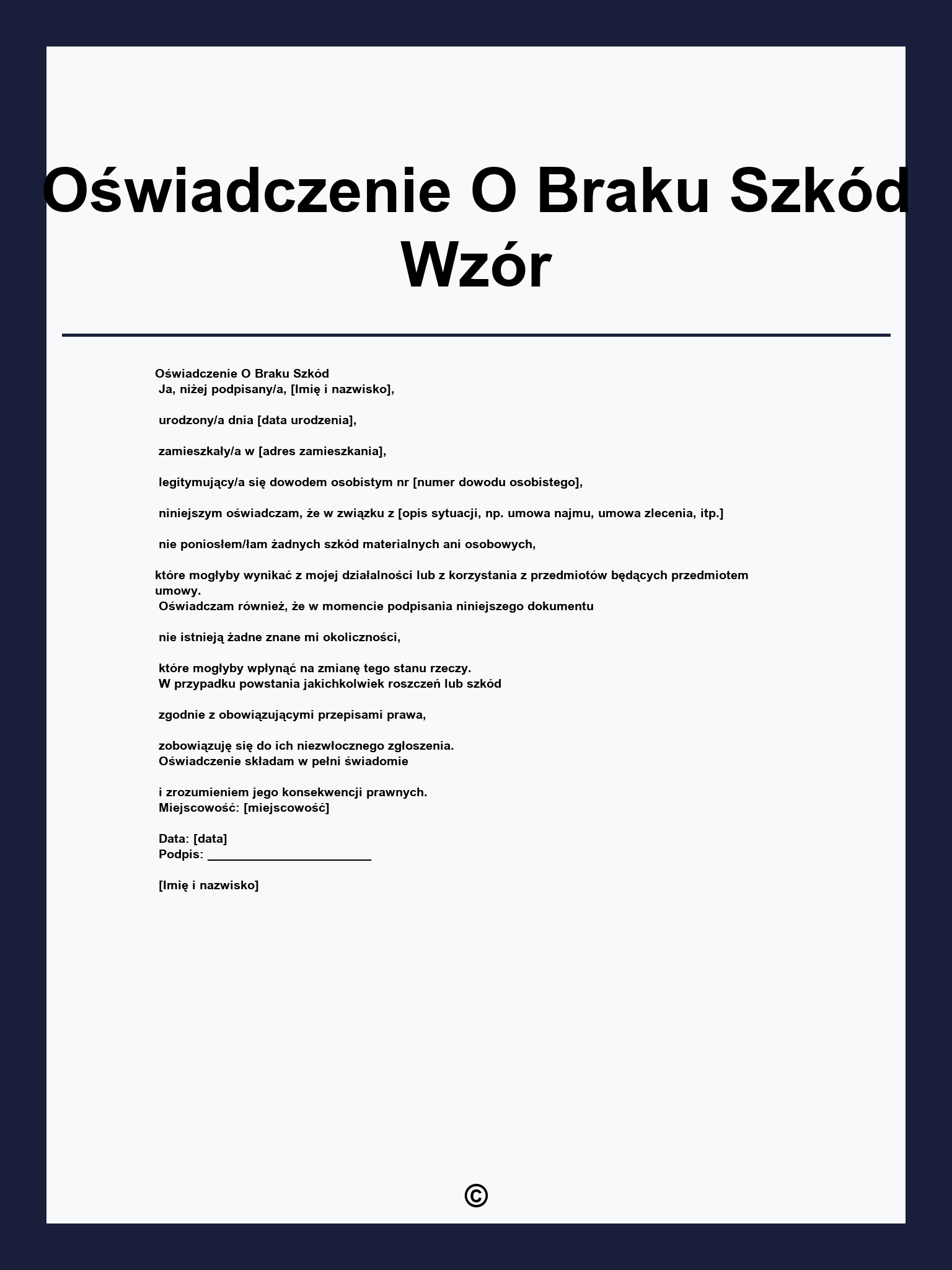 Oświadczenie O Braku Szkód Wzór