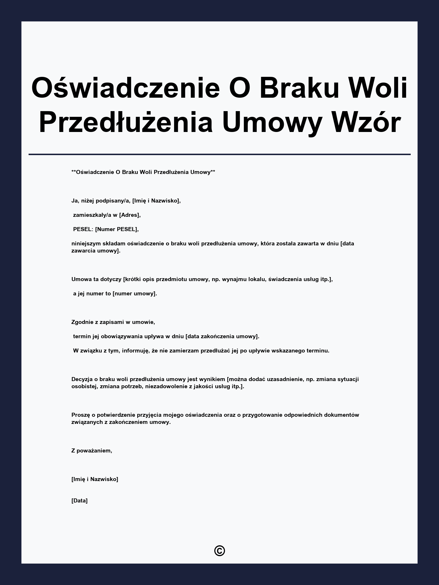 Oświadczenie O Braku Woli Przedłużenia Umowy Wzór