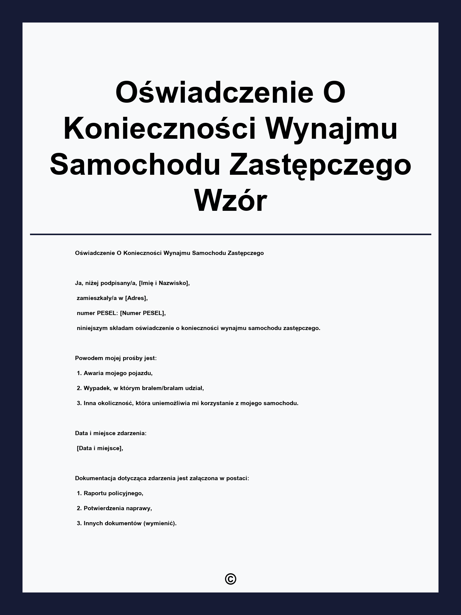 Oświadczenie O Konieczności Wynajmu Samochodu Zastępczego Wzór