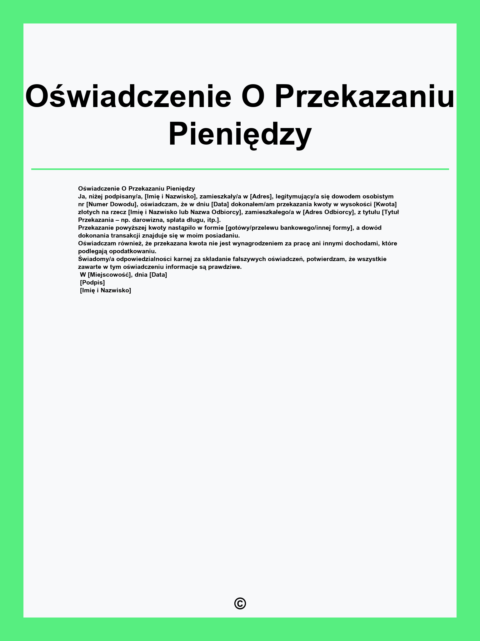 Oświadczenie O Przekazaniu Pieniędzy