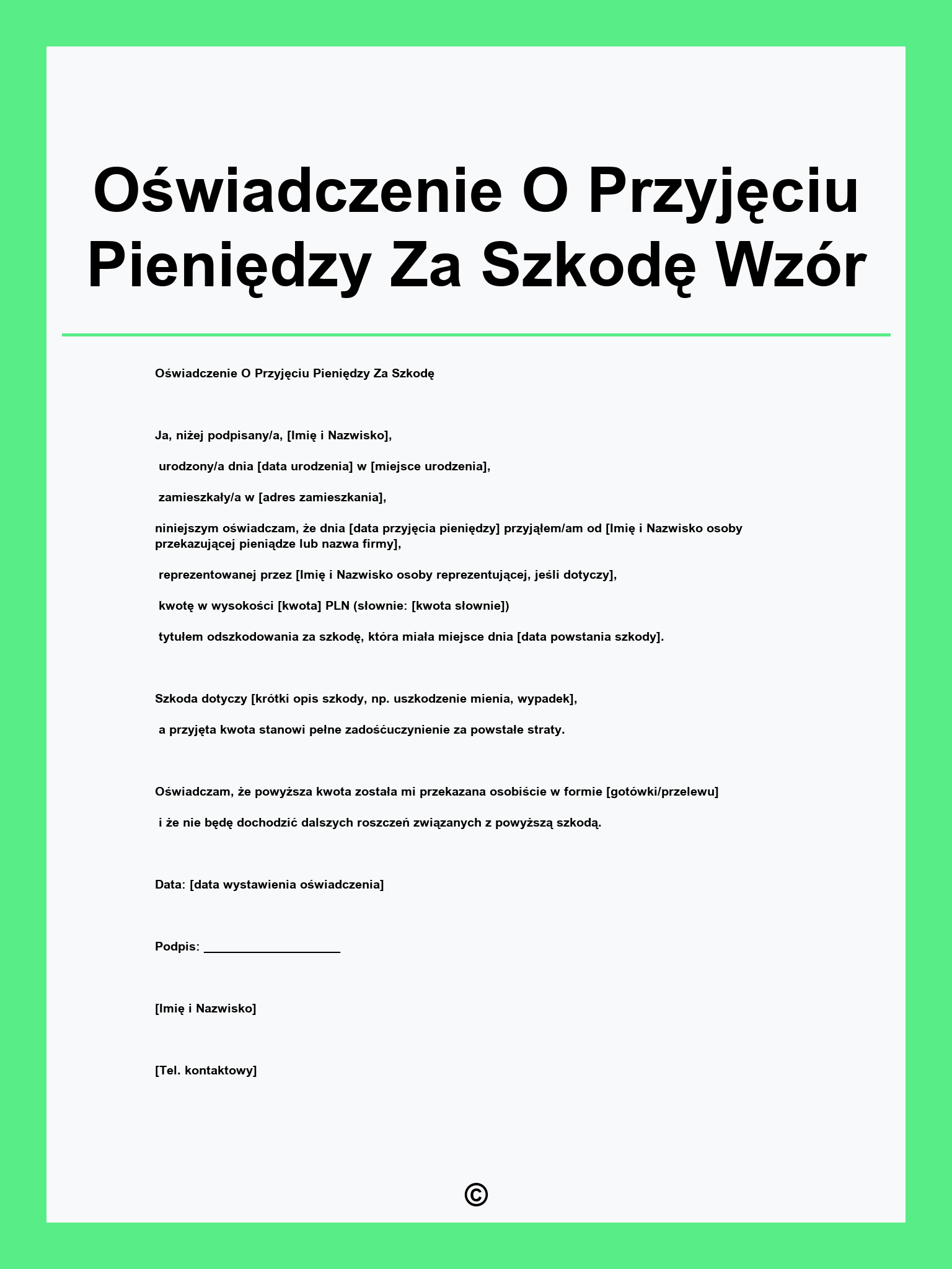 Oświadczenie O Przyjęciu Pieniędzy Za Szkodę Wzór