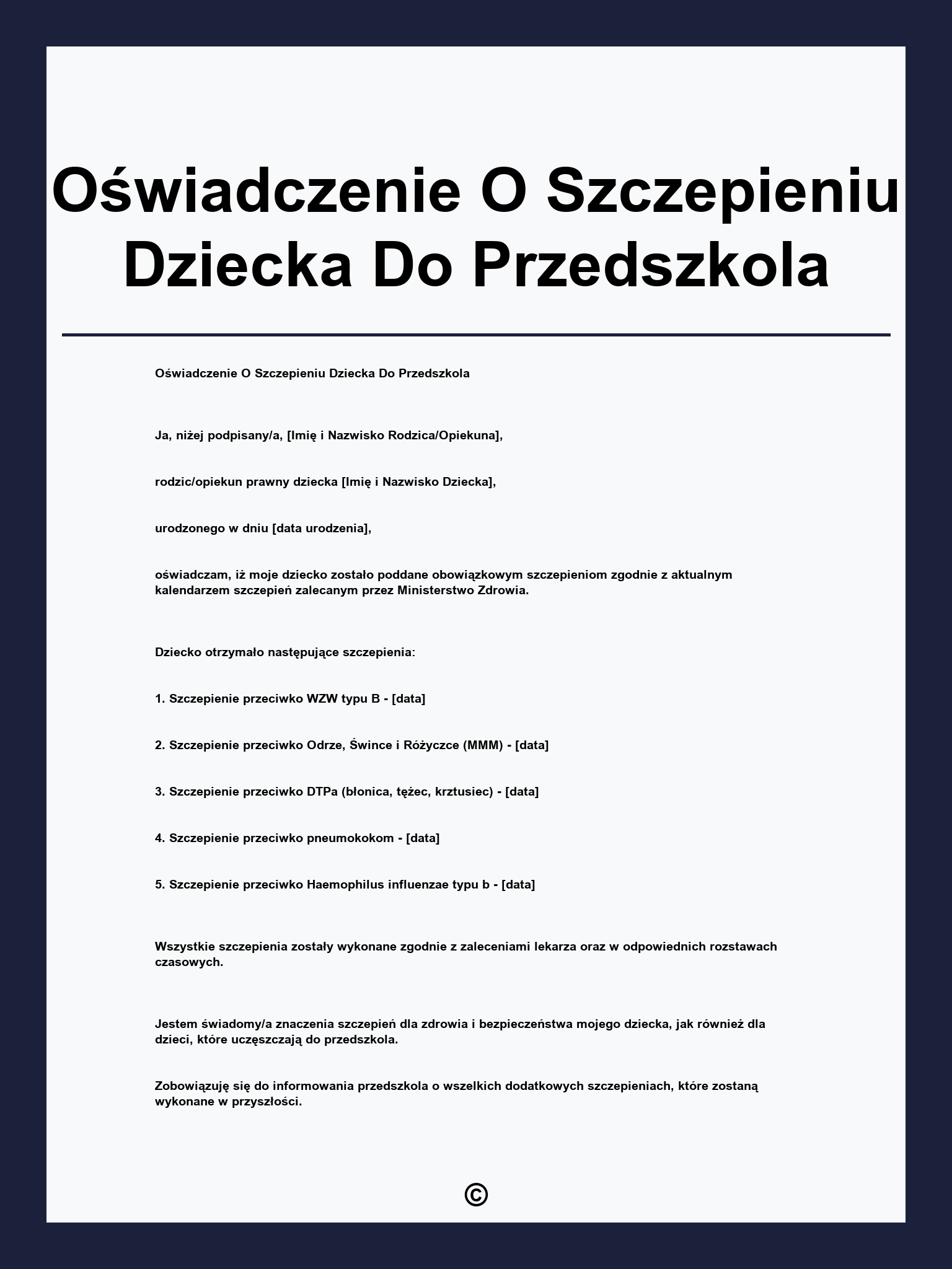 Oświadczenie O Szczepieniu Dziecka Do Przedszkola