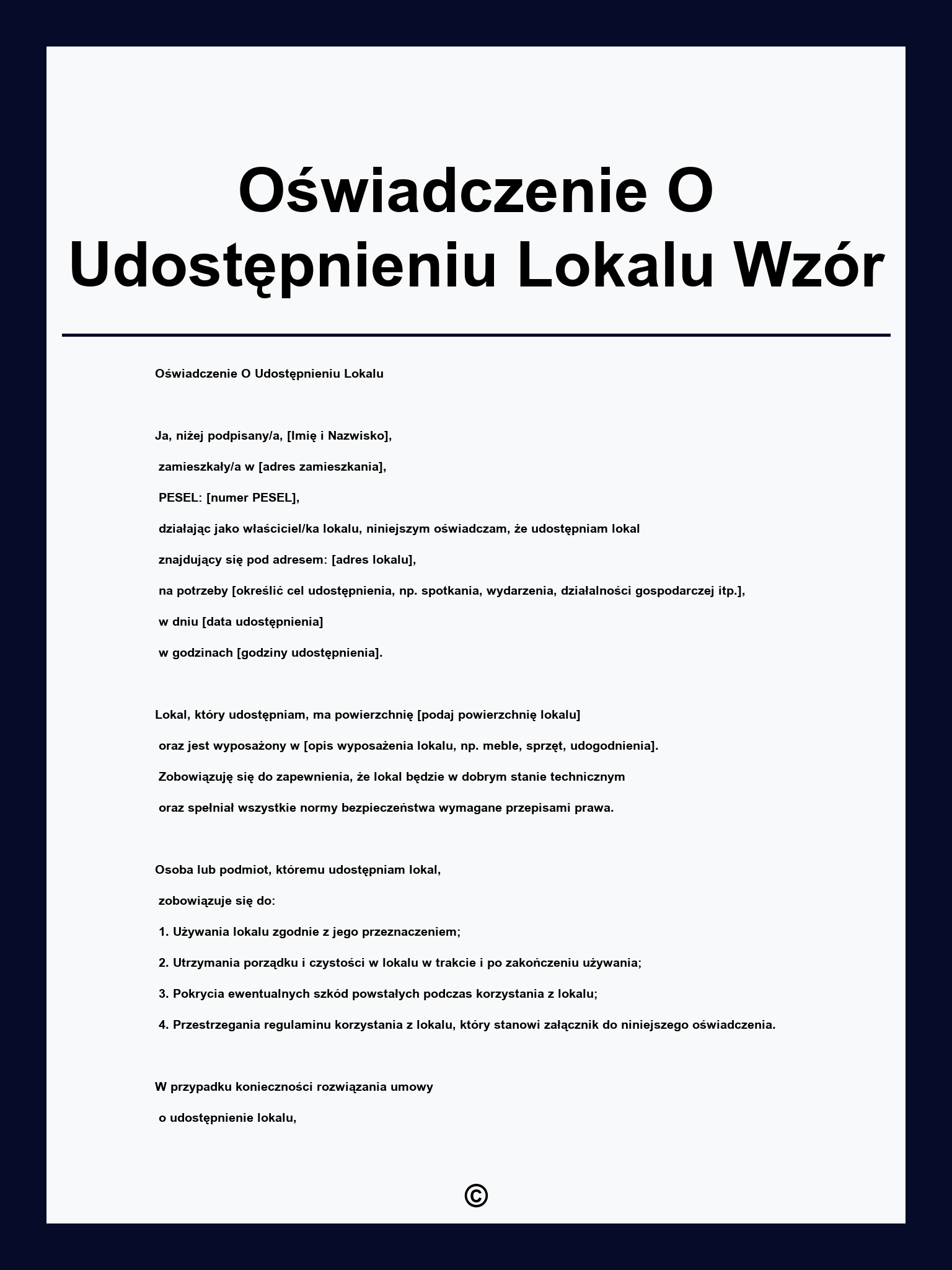Oświadczenie O Udostępnieniu Lokalu Wzór