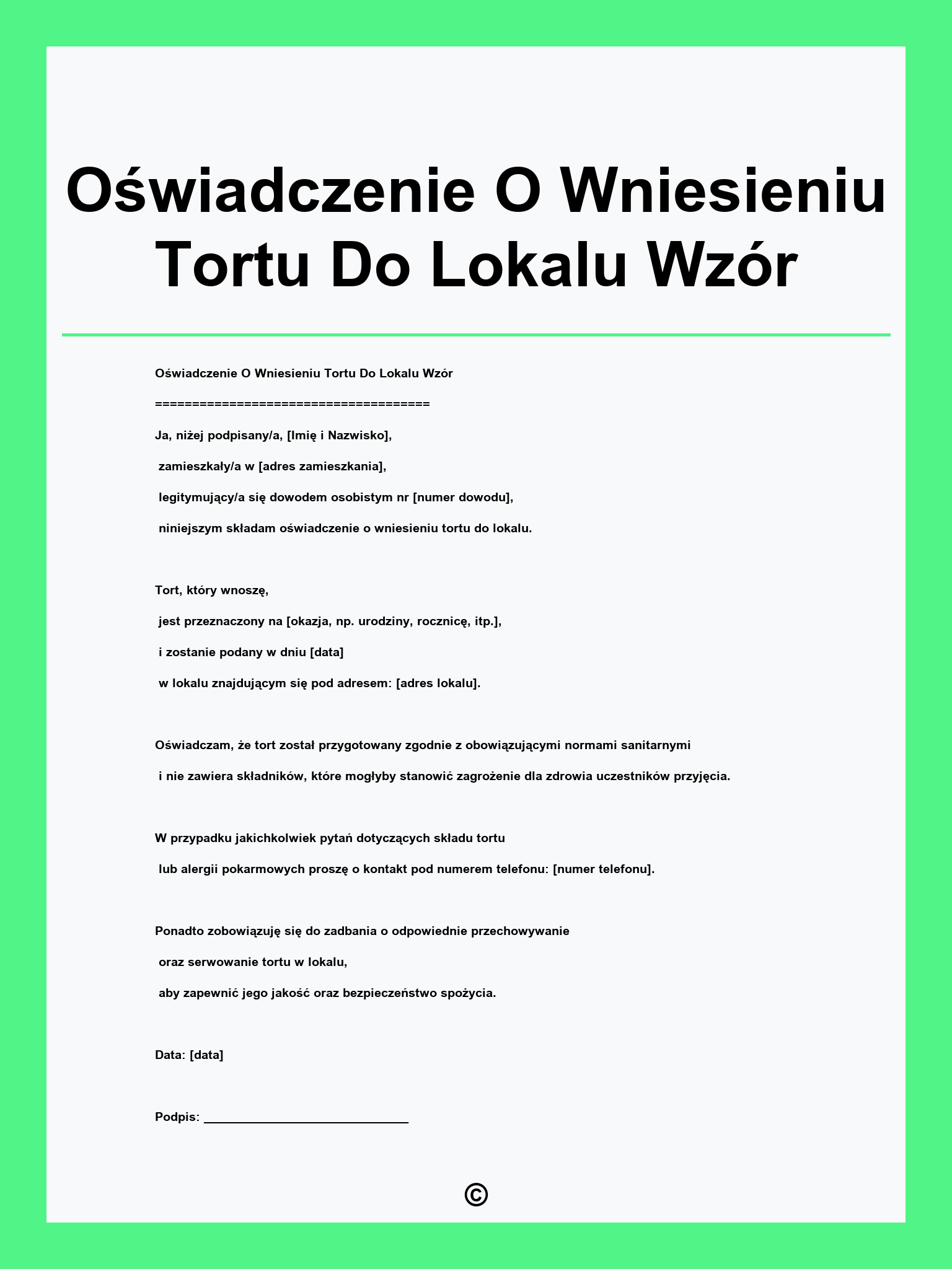 Oświadczenie O Wniesieniu Tortu Do Lokalu Wzór