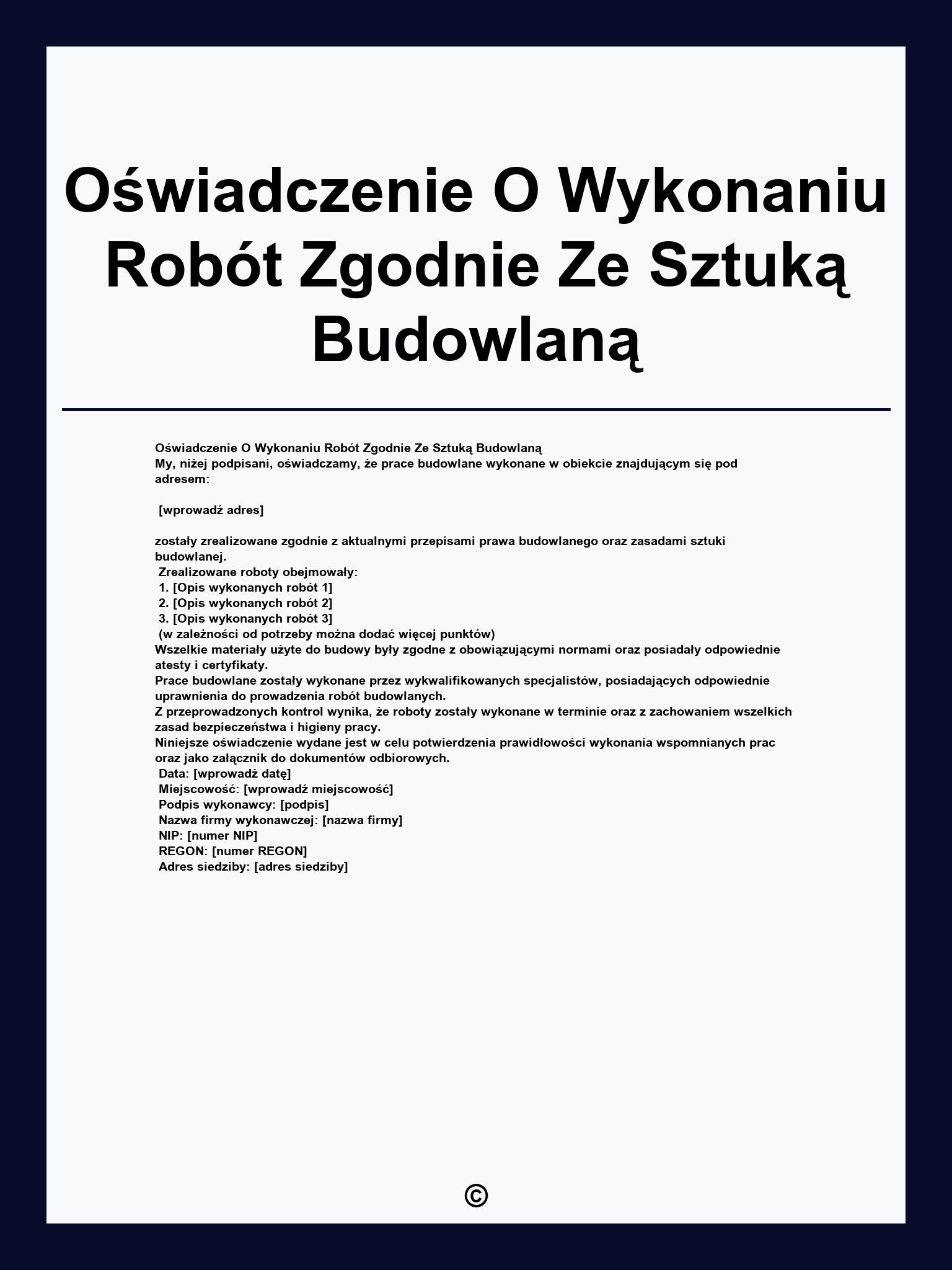 Oświadczenie O Wykonaniu Robót Zgodnie Ze Sztuką Budowlaną