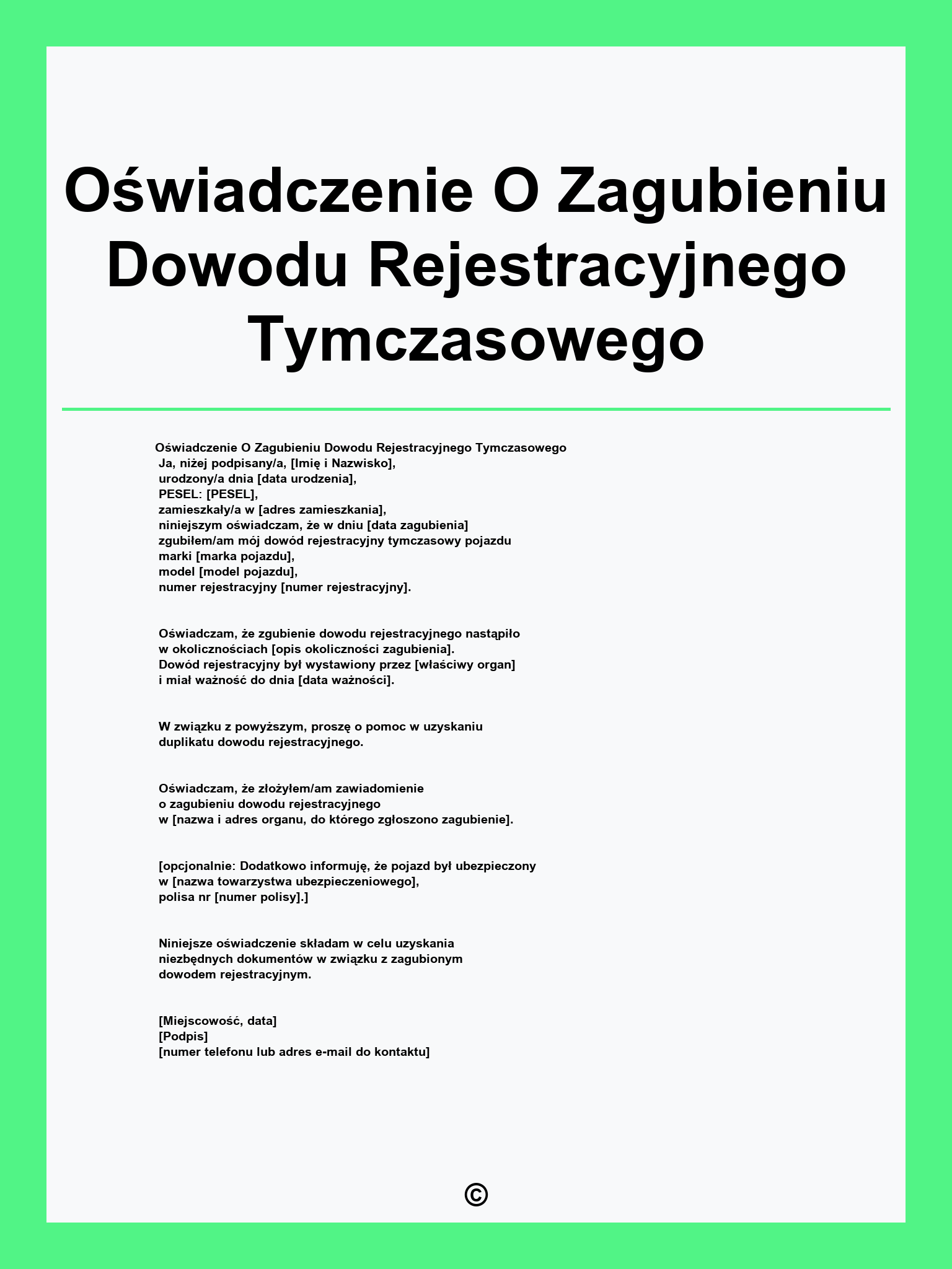 Oświadczenie O Zagubieniu Dowodu Rejestracyjnego Tymczasowego