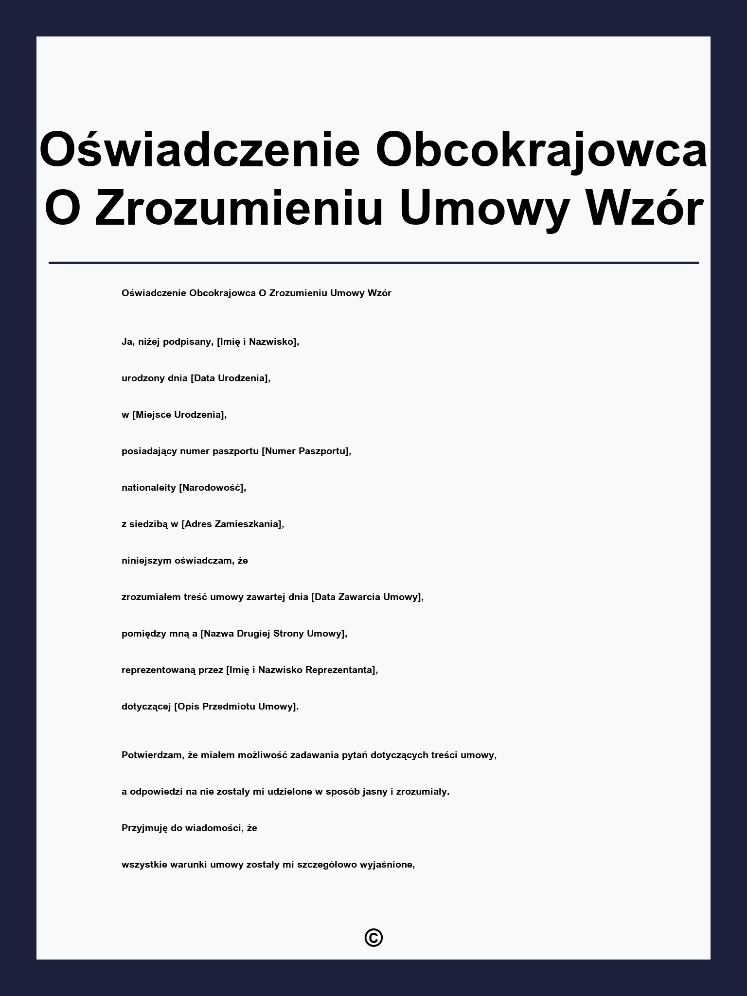 Oświadczenie Obcokrajowca O Zrozumieniu Umowy Wzór