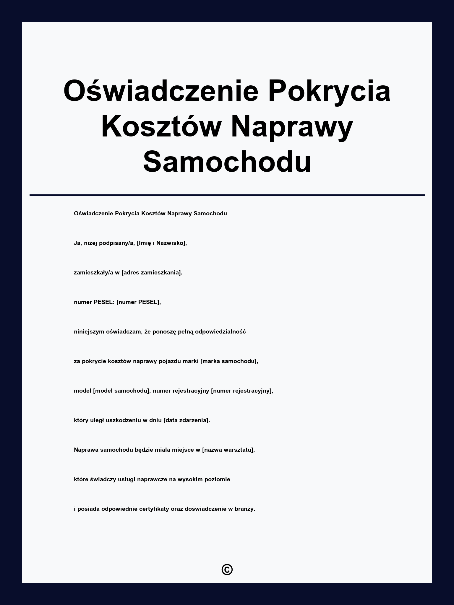 Oświadczenie Pokrycia Kosztów Naprawy Samochodu