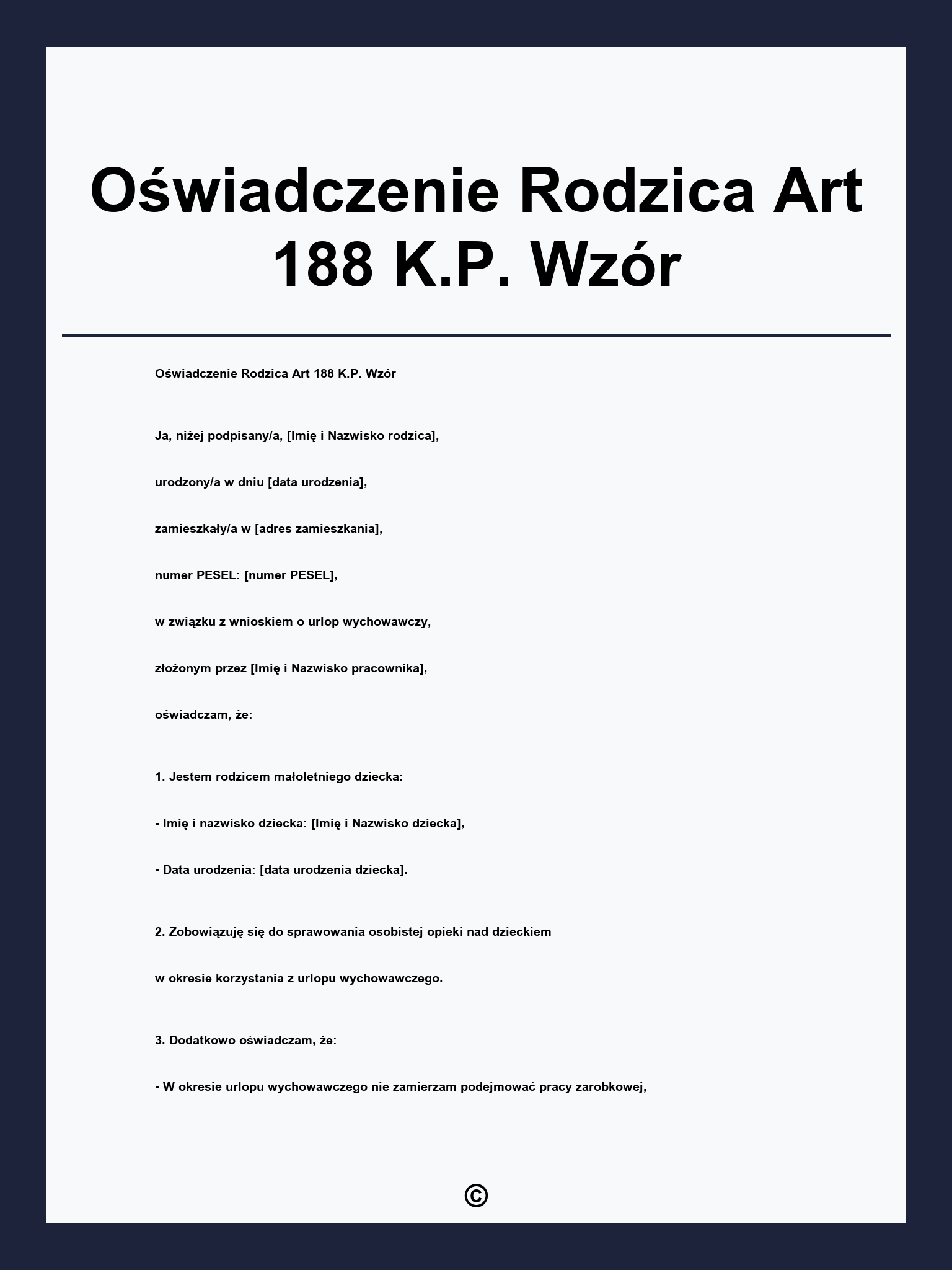 Oświadczenie Rodzica Art 188 K.P. Wzór