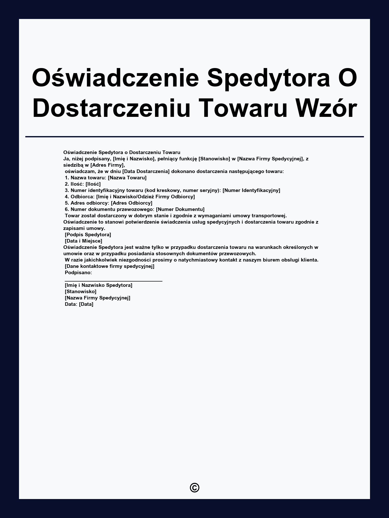 Oświadczenie Spedytora O Dostarczeniu Towaru Wzór