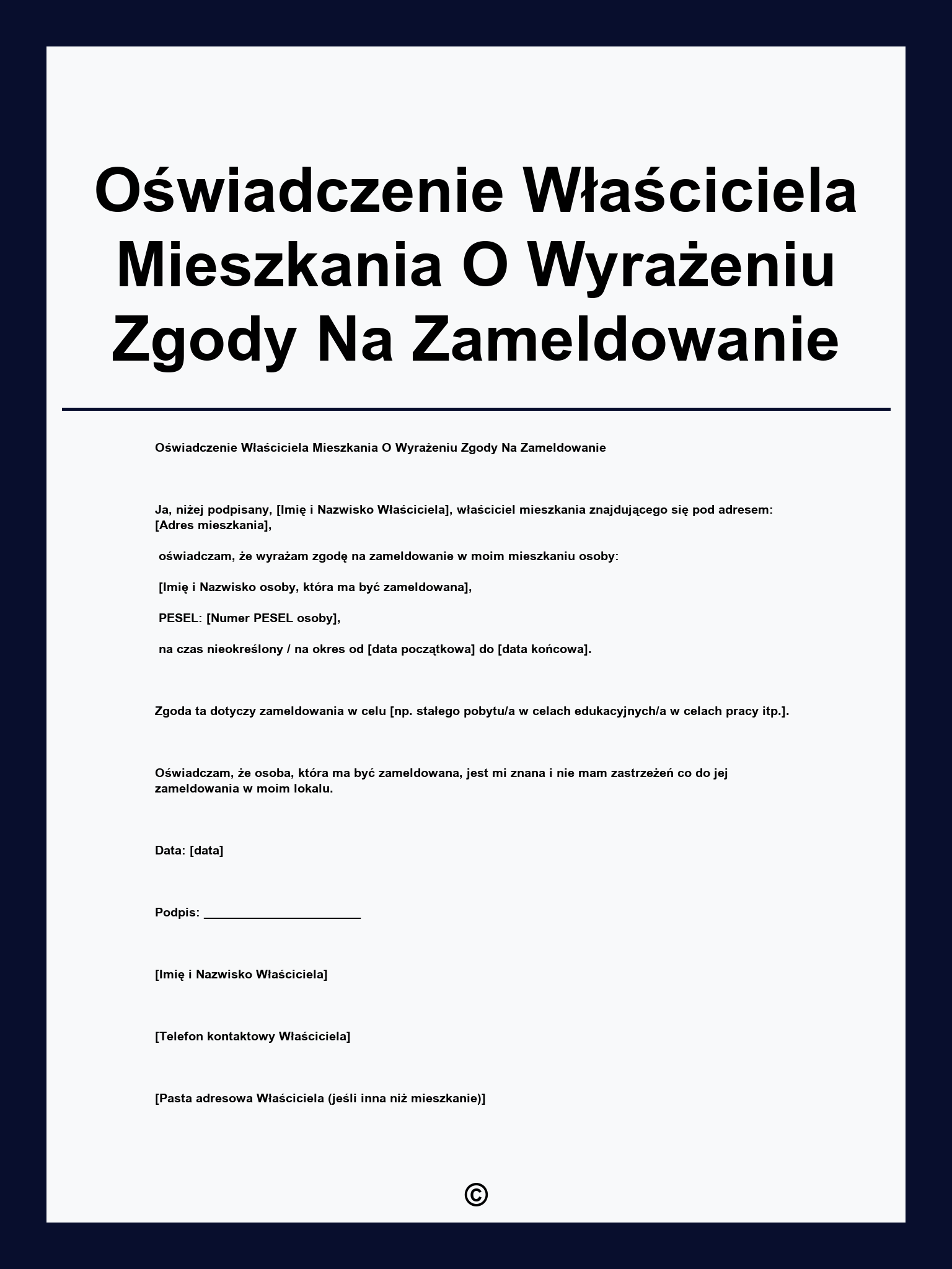 Oświadczenie Właściciela Mieszkania O Wyrażeniu Zgody Na Zameldowanie