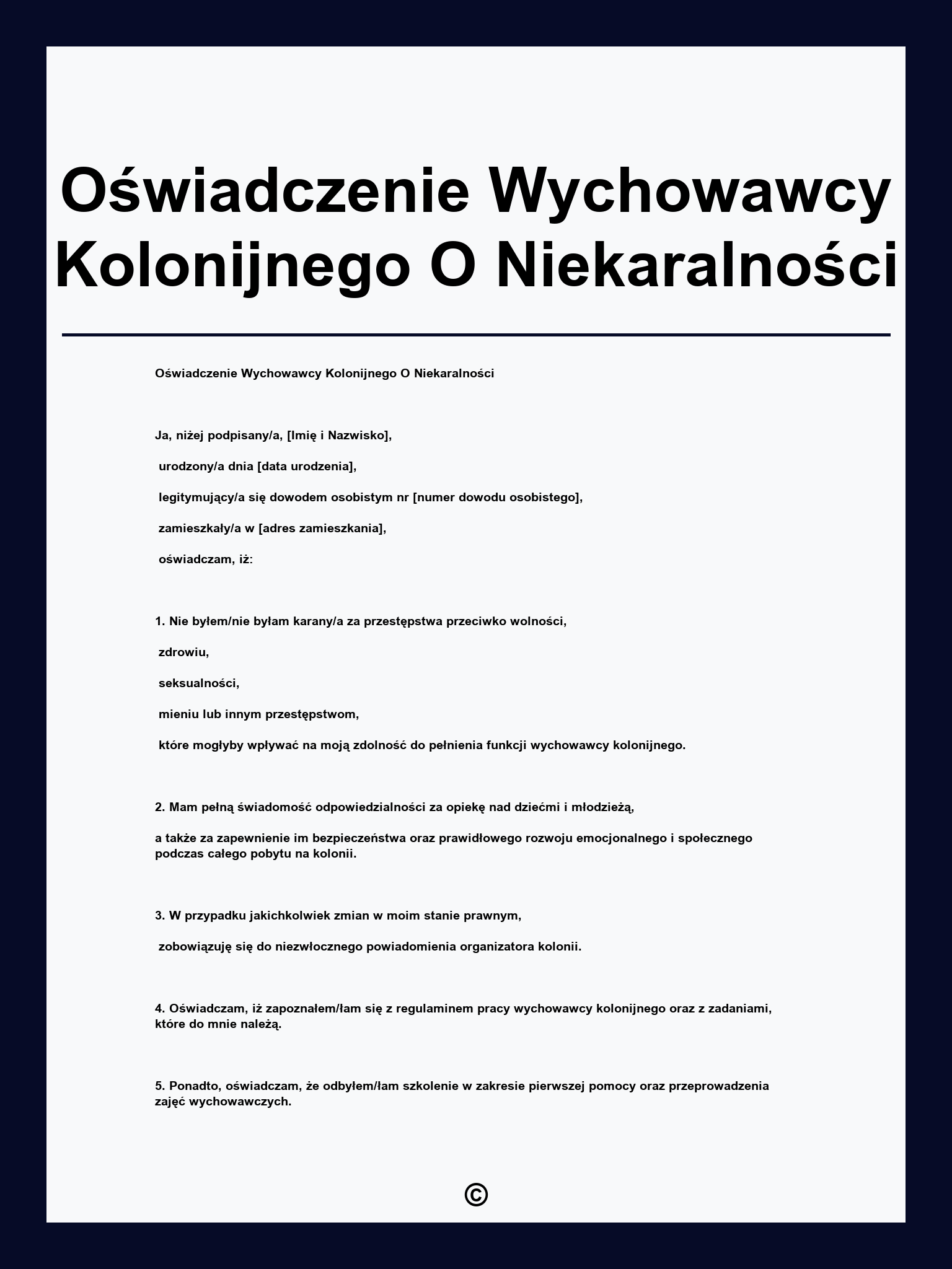 Oświadczenie Wychowawcy Kolonijnego O Niekaralności