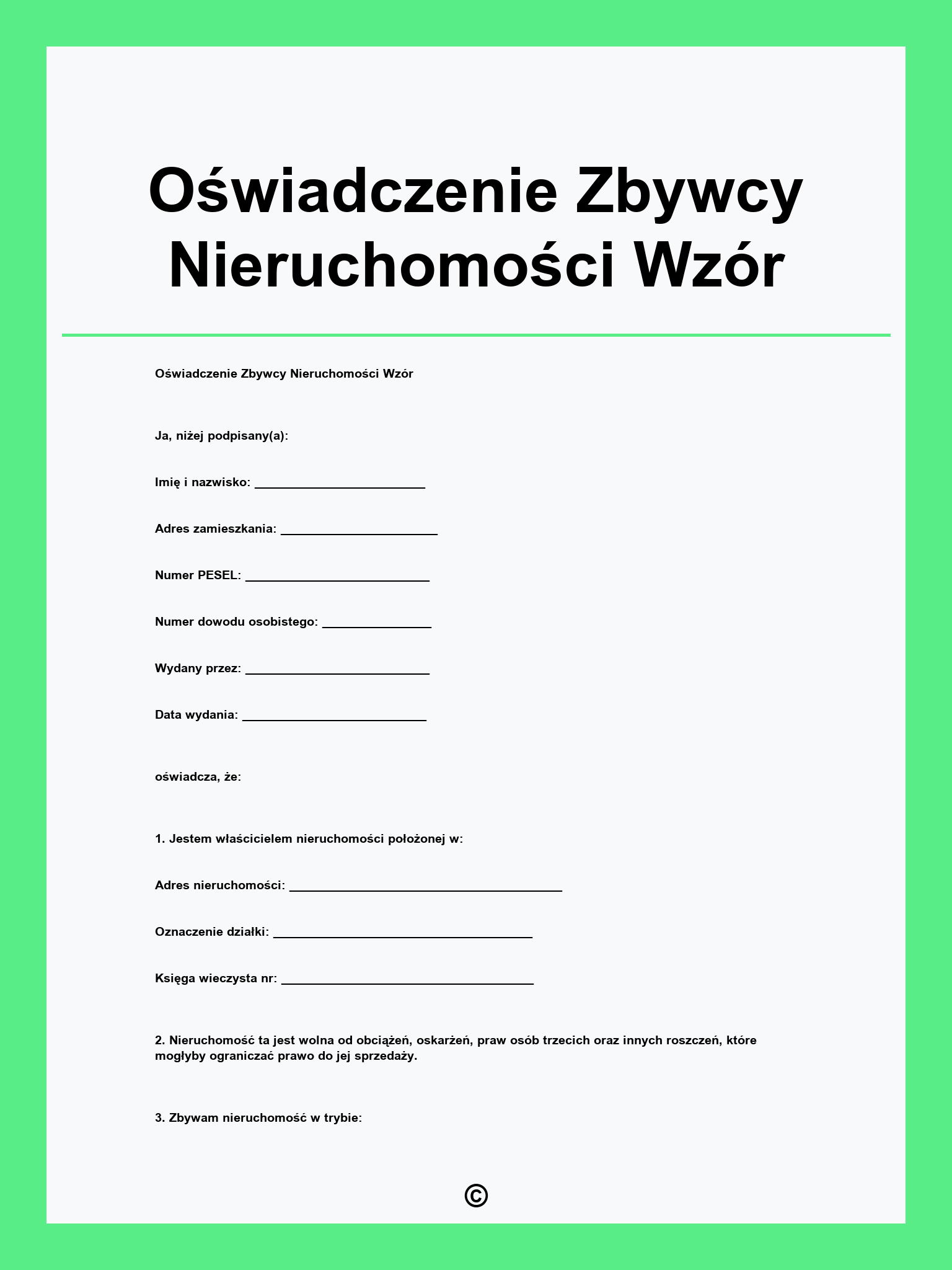 Oświadczenie Zbywcy Nieruchomości Wzór