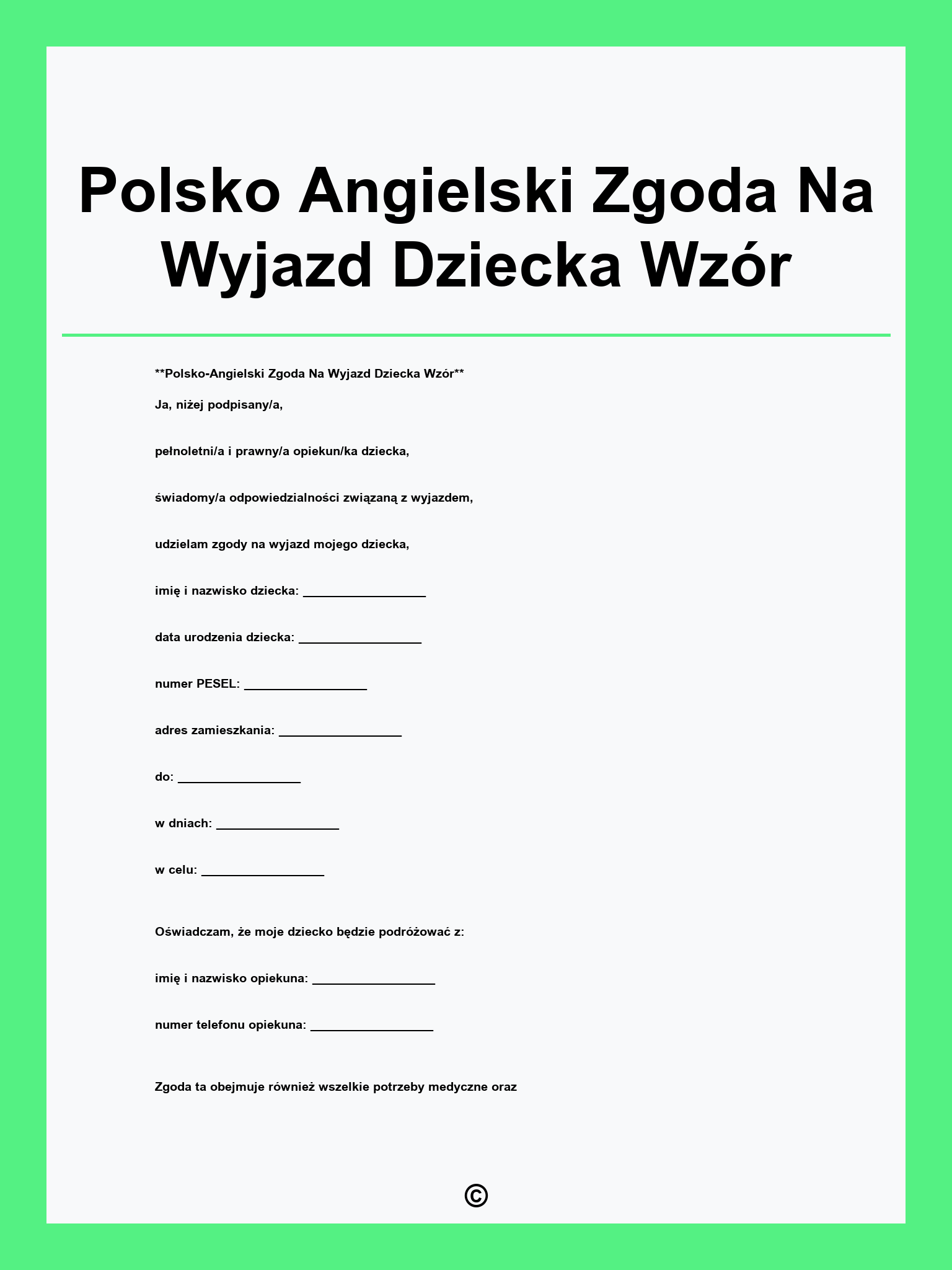 Polsko Angielski Zgoda Na Wyjazd Dziecka Wzór