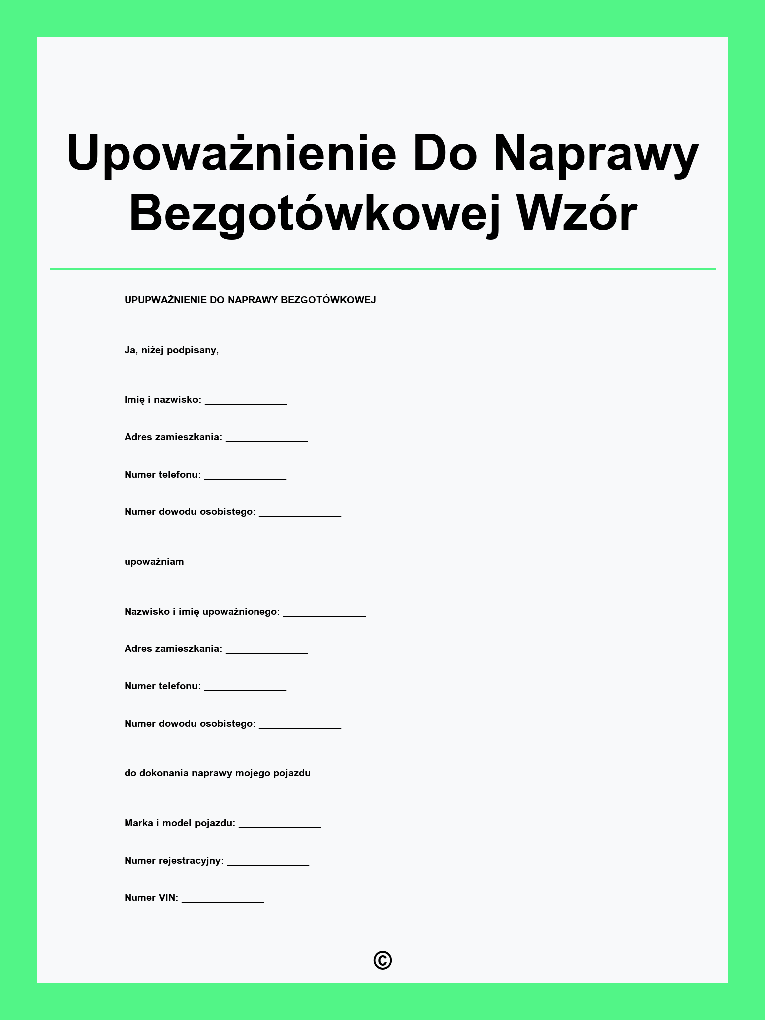 Upoważnienie Do Naprawy Bezgotówkowej Wzór