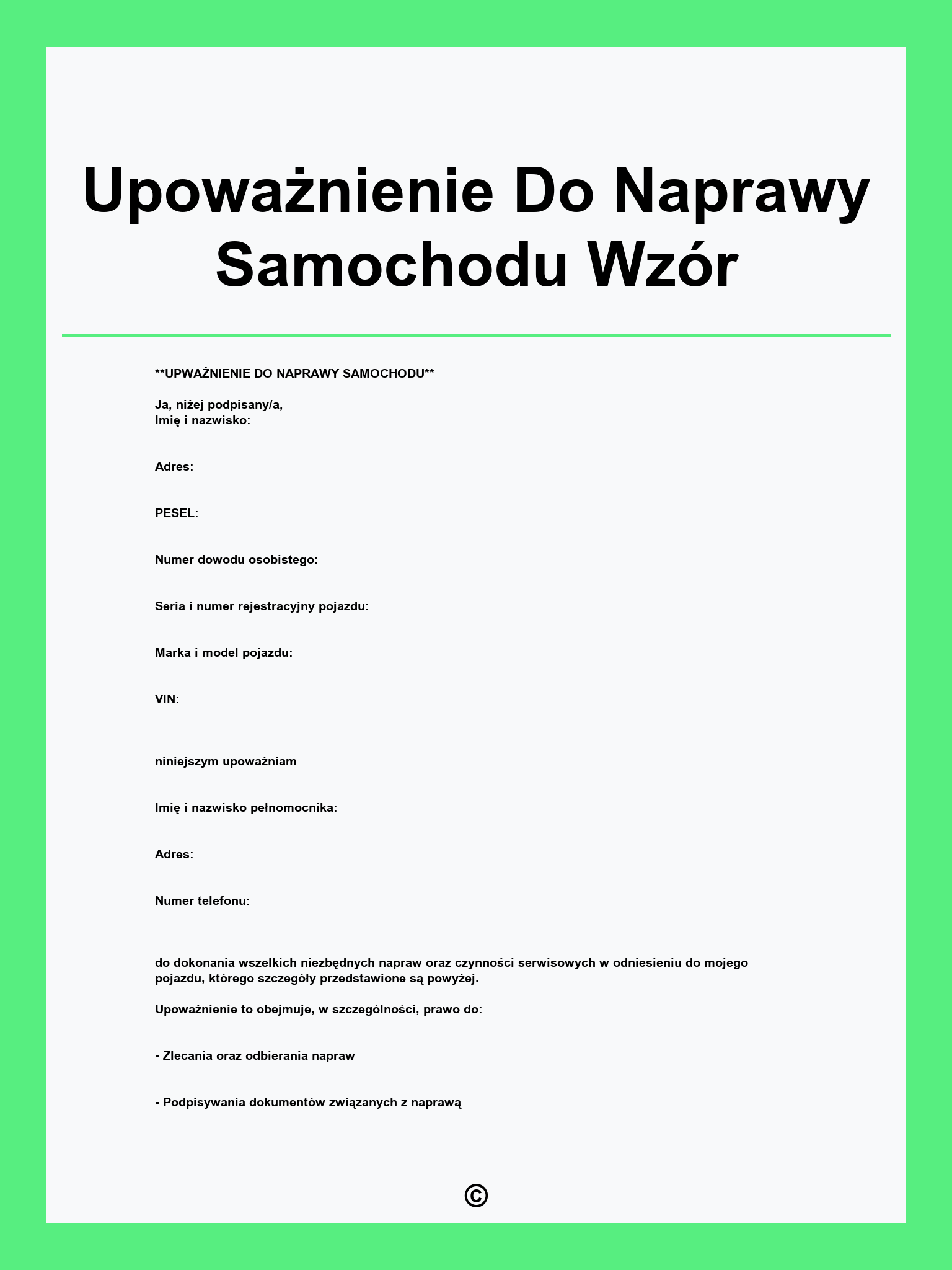 Upoważnienie Do Naprawy Samochodu Wzór