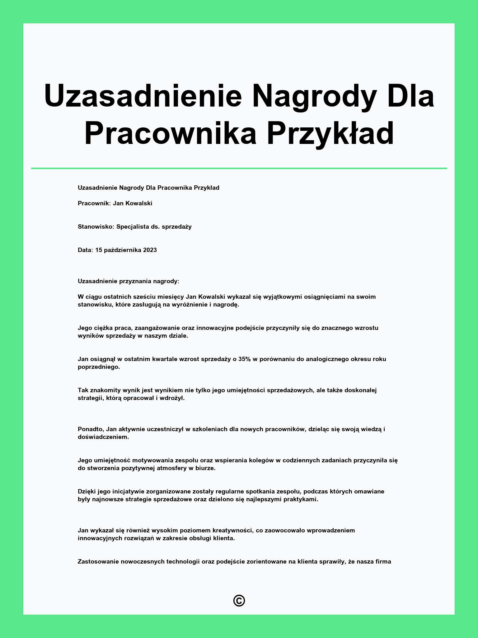 Uzasadnienie Nagrody Dla Pracownika Przykład
