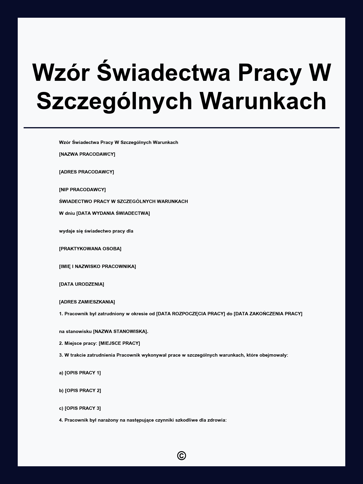 Wzór Świadectwa Pracy W Szczególnych Warunkach