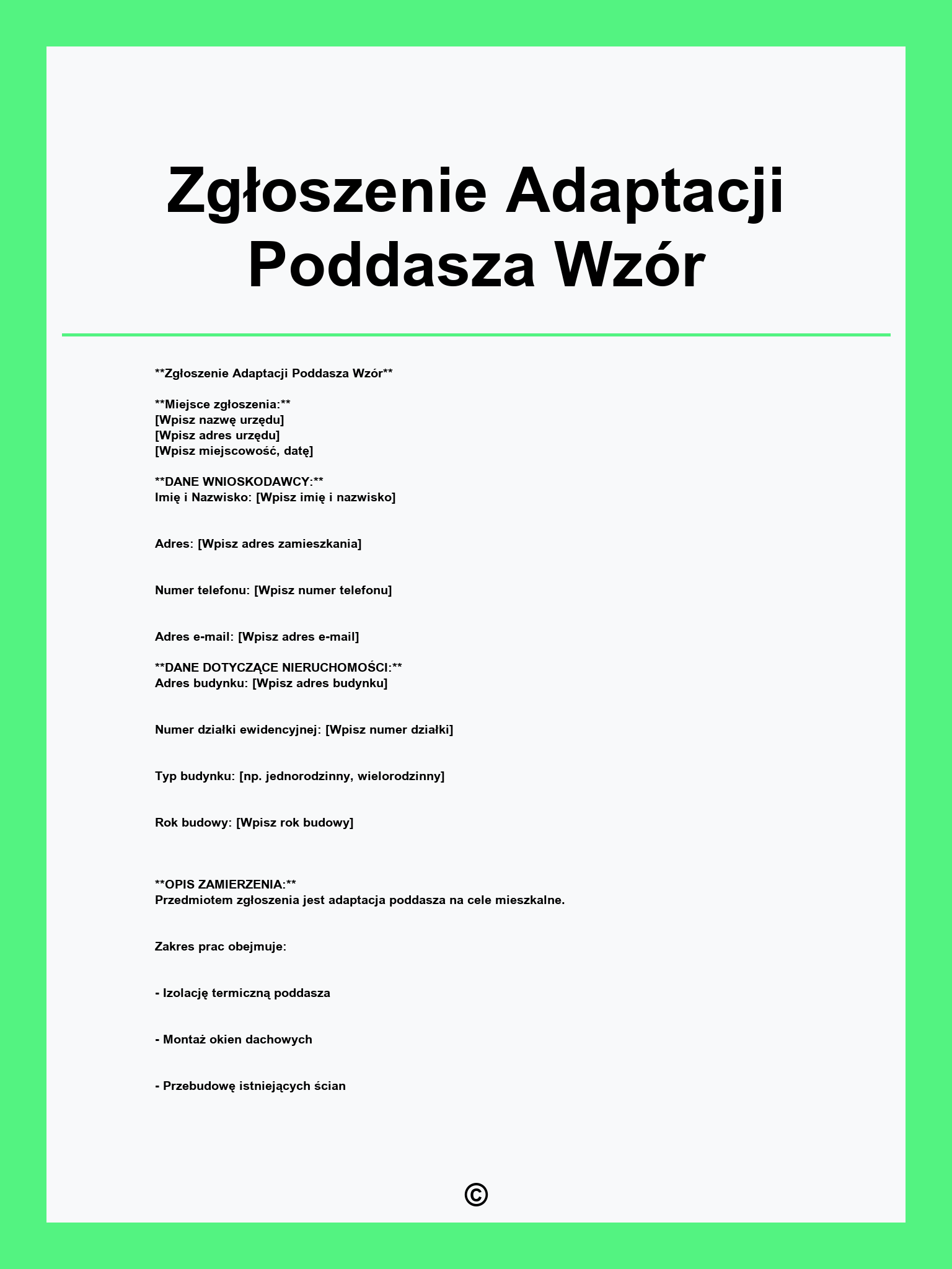 Zgłoszenie Adaptacji Poddasza Wzór