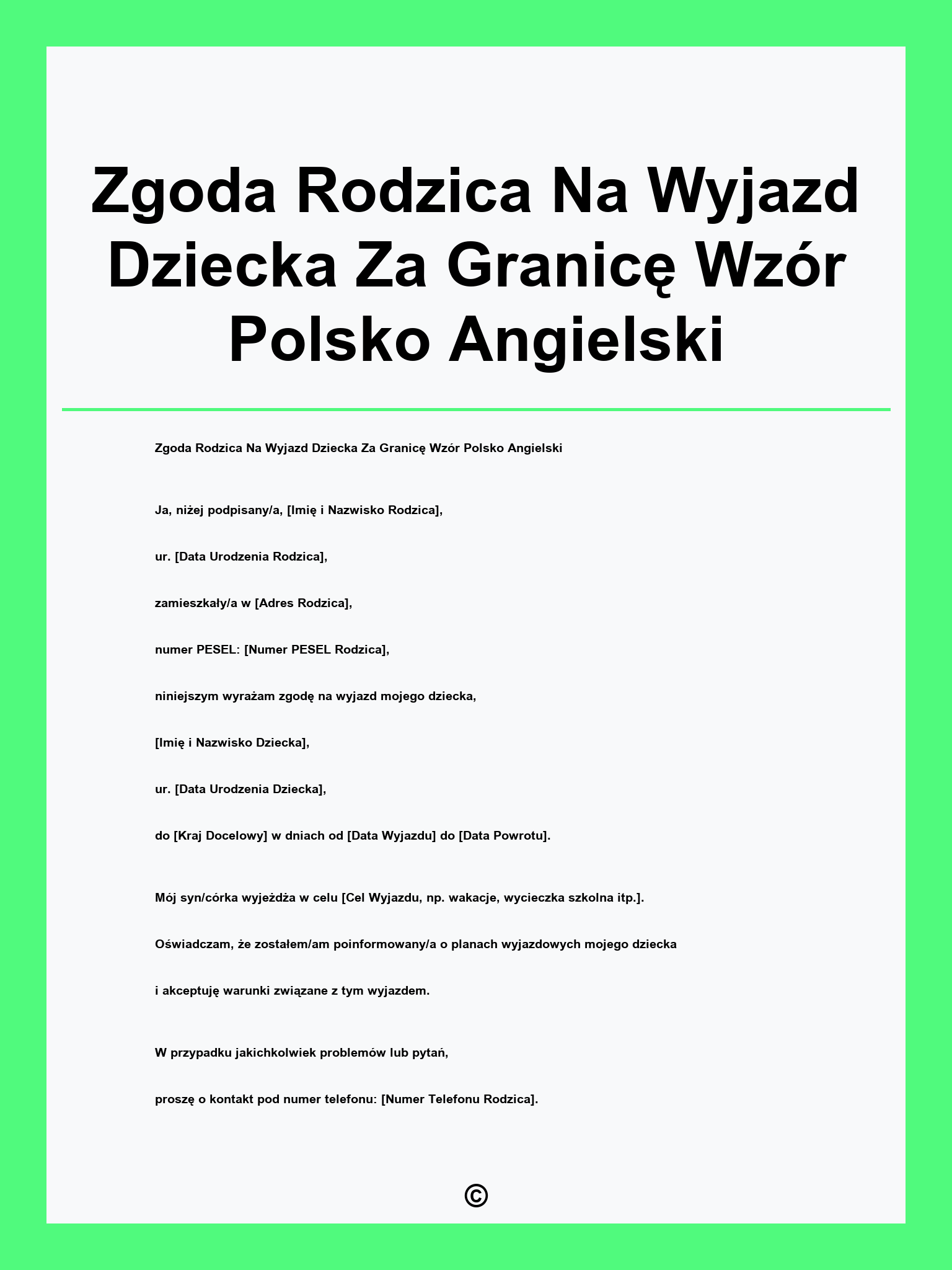 Zgoda Rodzica Na Wyjazd Dziecka Za Granicę Wzór Polsko Angielski